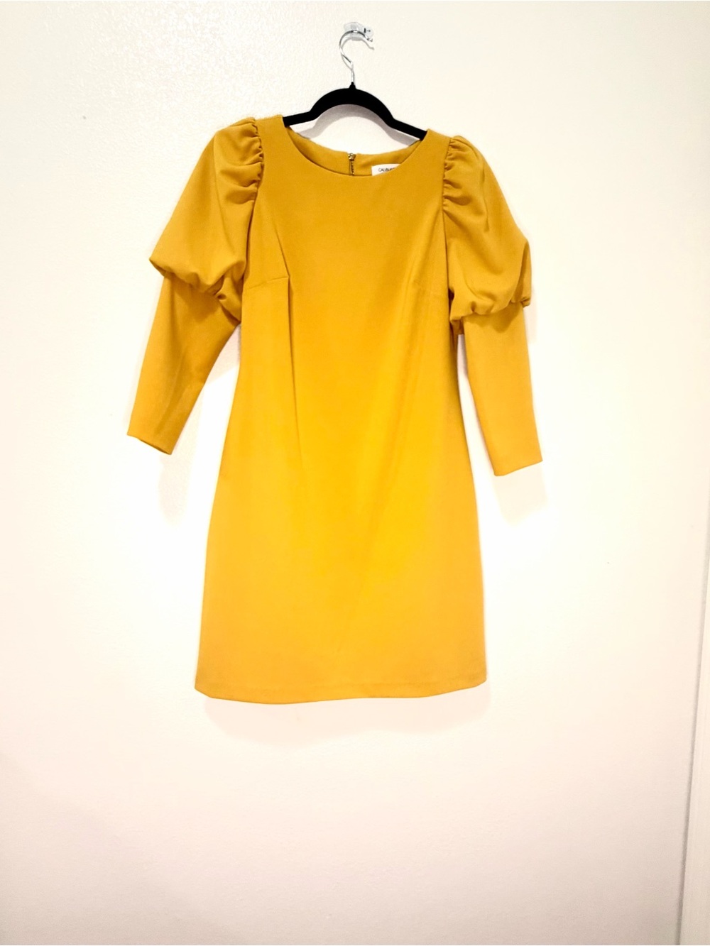 Calvin Klein Women's Mustard Yellow/Gold Puffy Sleeve with Button Details Dress